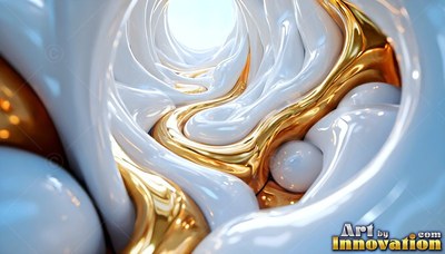 Looking directly down a curved tunnel of glossy white and gold liquid waves