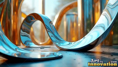 A curved ribbon of polished chrome loops over a dark floor beside amber glass tubes