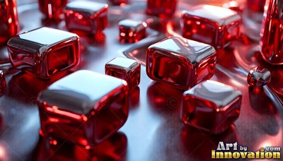 On a smooth metallic floor, shiny red cubes sit like melted ice blocks