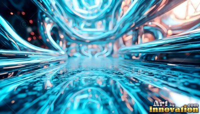 Curving through a metallic tunnel, shiny blue arches reflect off a glossy floor