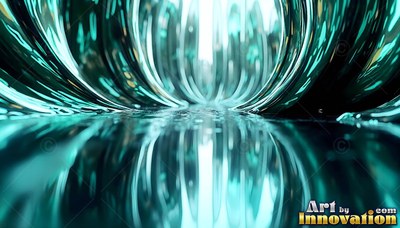 Teal liquid metal forms a curved tunnel over shiny ground