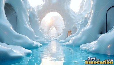 Smooth white archways line a calm blue canal under bright daylight