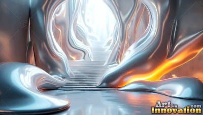 Smooth silver arches frame stairs leading into bright white light and warm orange reflections