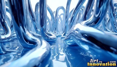 Curving close up from a wet floor, blue chrome tubes rise in loops
