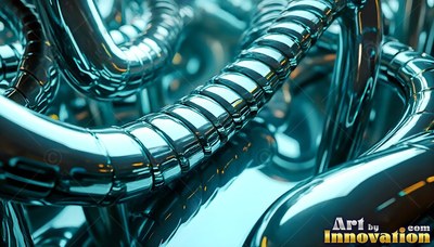 Shiny teal metal pipes twist and loop around each other in bright light