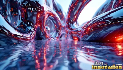 In a flooded hall, polished chrome arches shine with red light over the water