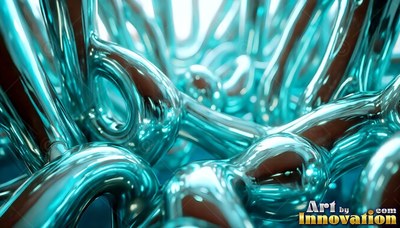 Twisting upward in bright light, glossy turquoise metal forms loop together