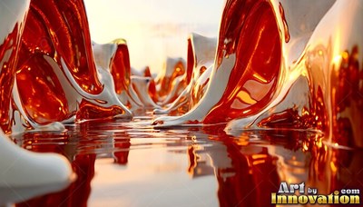 Amber liquid arches rising over a reflective pool