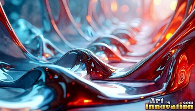 Polished chrome curves flow across a hall with warm orange and cool blue reflections