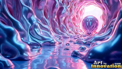 Molten metal flows into a curved tunnel toward a sphere reflecting pink light