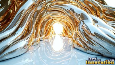 Arching over a bright doorway, shiny gold and silver fluid forms a tunnel