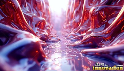 Shiny red molten metal forms glossy walls along a bright hallway