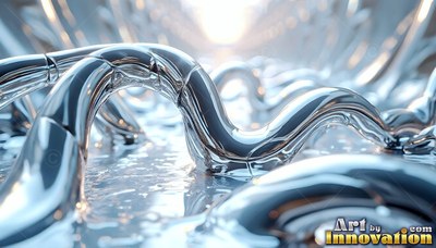 In a bright tunnel, wavy silver metal tubes loop over a wet floor