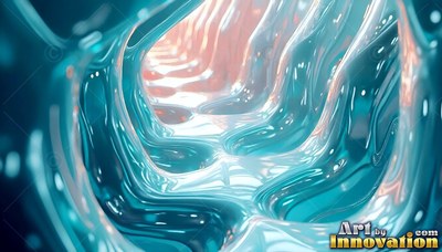 Flowing through a tunnel, teal molten liquid lines shiny smooth walls with warm light ahead