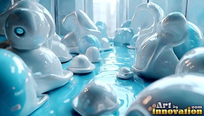 Smooth white and blue glossy shapes sit in pale blue liquid