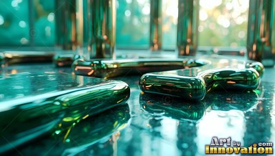 Smooth green metallic forms rest on a wet surface with mirrored pillars behind them