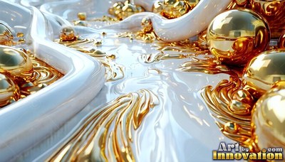 Gold spheres roll through swirling white liquid reflecting bright white light
