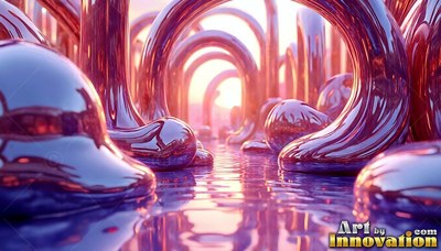 Curving upward over glossy purple water, smooth metal arches rise at sunrise