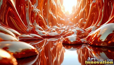 Liquid copper drips into shiny puddles inside a bright canyon wall