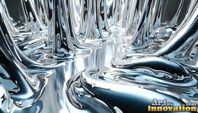 In a dark room, shiny chrome columns rise from a pool of liquid metal