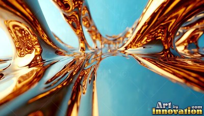 Stretching upward, smooth liquid gold arches reflect a clear blue background