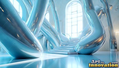 Polished silver arches curve like frozen liquid around white stairs in a sunlit hall