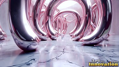 Pink metallic arches curve over a marble floor reflecting soft white light