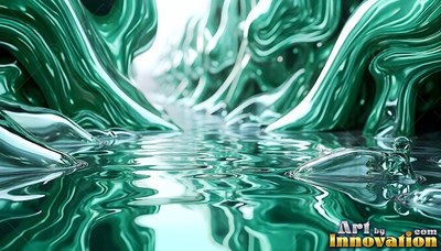Curving low across clear water, green liquid metal rises into tall pillars