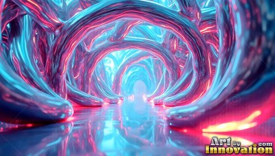 Curved arches of shiny liquid metal form a tunnel lit in bright blue and pink