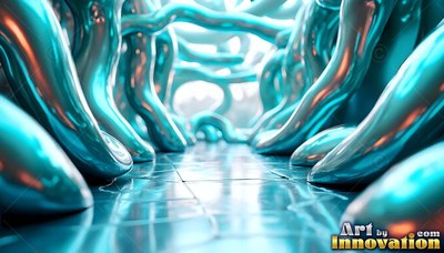 In a bright corridor, curved teal metal columns flow over a tiled floor