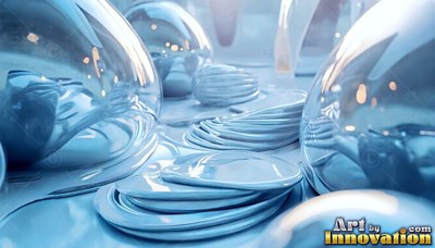 Reflecting cool light, chrome domes and stacked molten metal plates rest on a pale floor