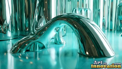 Smooth teal metal arch curved over a shiny floor