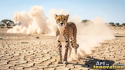Stopping in dry cracked dirt, a spotted cheetah kicks up clouds of dust