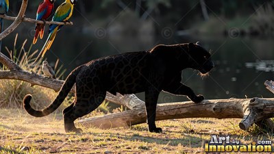 A black jaguar steps onto a fallen log in the sunlight