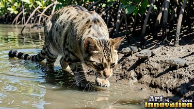 Spotted wild cat crouched low in muddy shallow water, looking toward small lizards in bright sun
