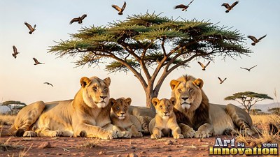 A lion pride rests under an acacia tree in the warm afternoon light
