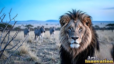A lion with a dark mane sits on the dry plain with zebras behind it