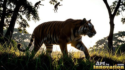 In a sunlit forest clearing, a striped tiger walks through tall green grass