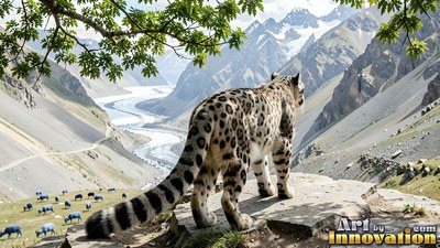 Standing on a high rock, a spotted snow leopard looks down over a winding river valley