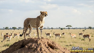 Cheetah standing on a dirt mound in a grassy field
