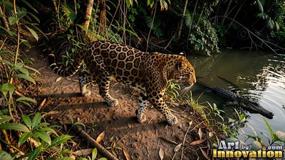 Spotted coat shining, a jaguar walks along a muddy jungle riverbank near a caiman