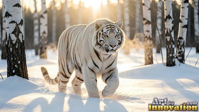 Walking forward, a white tiger pads through deep snow in a birch forest