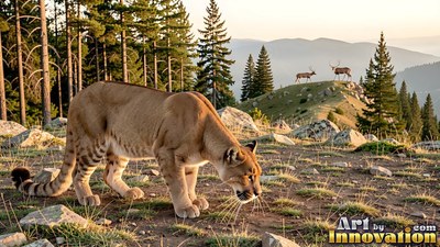 On a grassy mountain ridge, a tan cougar stalks past pine trees near distant deer