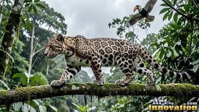 Walking across a mossy branch, a spotted leopard stalks below a flying toucan in the jungle