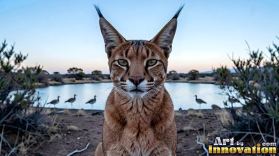 A brown caracal sits in front of a waterhole at dusk
