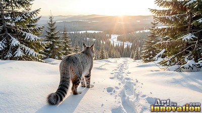 A striped ringed tail trails behind a lynx looking down a snowy mountain path at sunrise