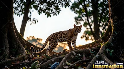 A spotted ocelot stands on twisted tree roots against warm evening light