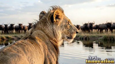 Facing right in warm sunlight, a lion rests near water by a herd of wildebeest