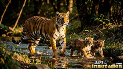 A tiger walks through a shallow forest stream with two small cubs in sunny woods