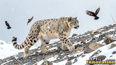 On a snowy rocky slope, a snow leopard walks past flying birds